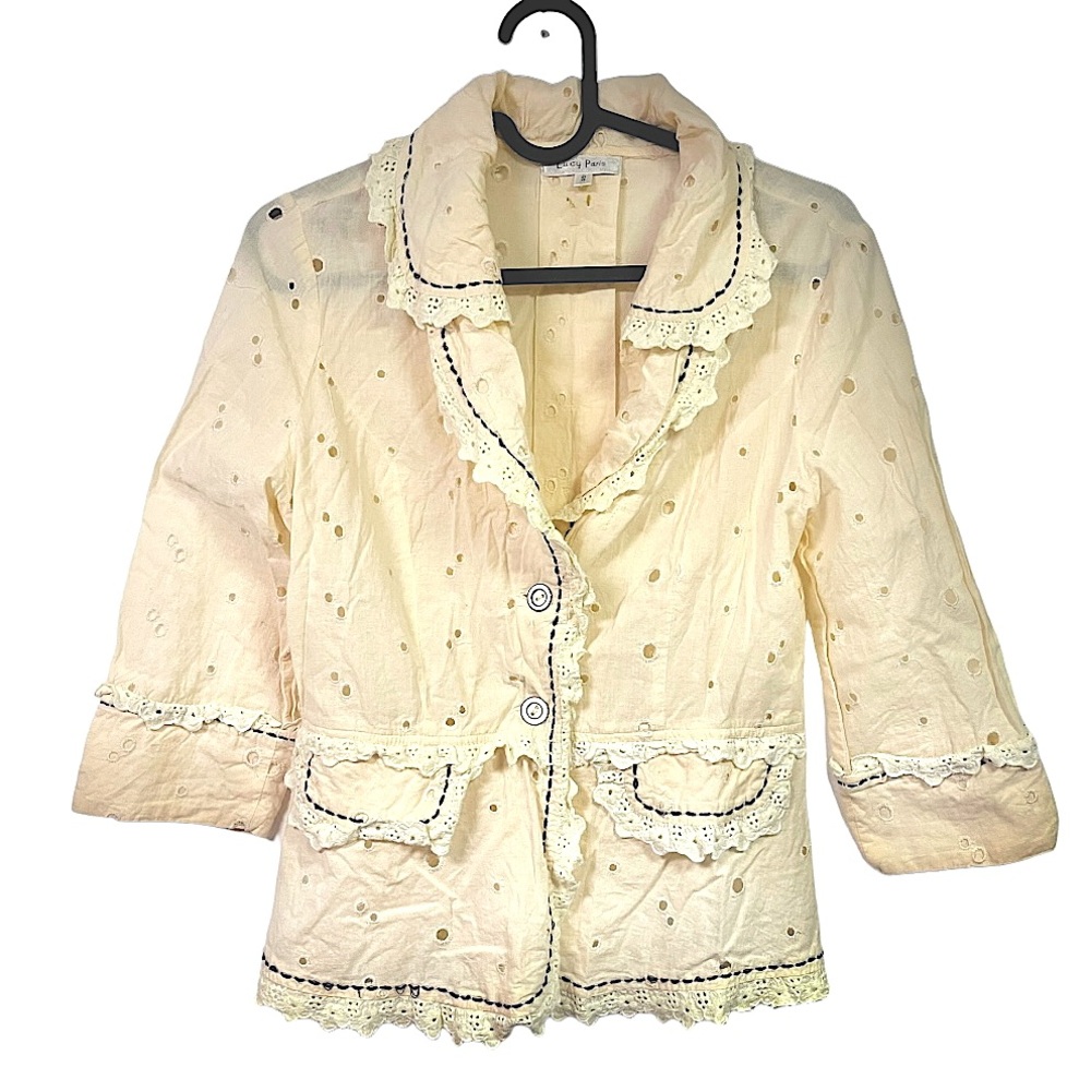 Lucy Paris Cream‎ 100% Cotton Eyelet Lace Trimmed Blazer